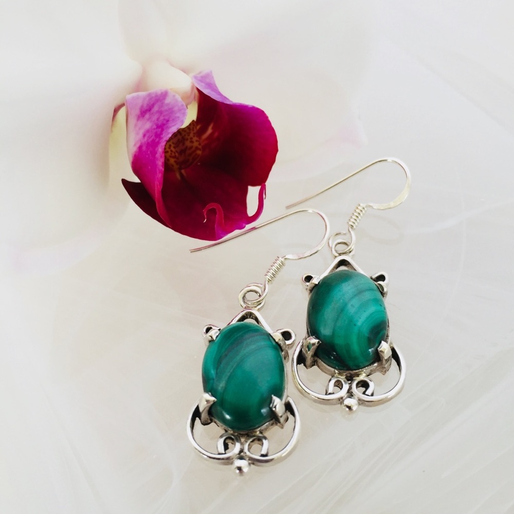 .925 Sterling Silver Earrings Malachite Cabochons